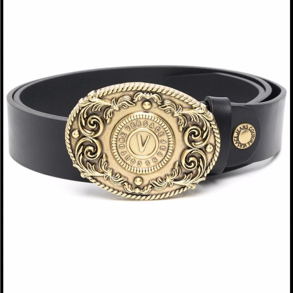 Versace Couture Belt Mens Black Leather Belt With Signature Gold Versace Buckle - Picture 2 of 10